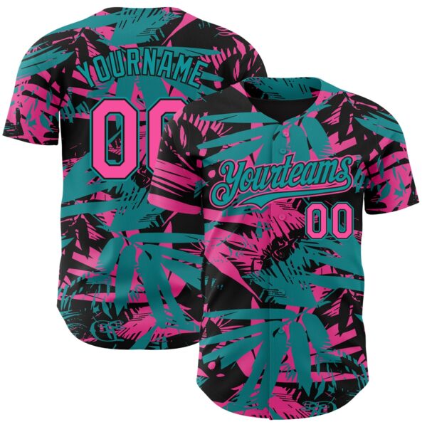 Custom Black Pink-Teal Hawaii Palm Leaves Authentic Baseball Jersey