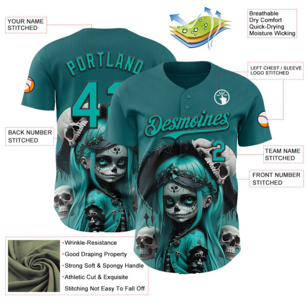 Custom Blue Aqua-Black 3D Halloween Spooky Skull Authentic Baseball Jersey