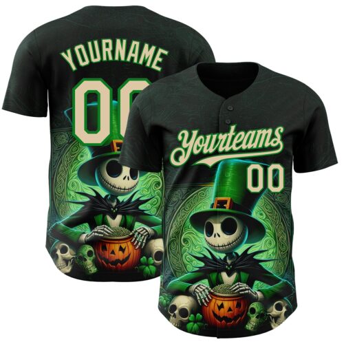 3DPattern9082 Custom Black City Cream-Grass Green 3D Halloween Spooky Pumpkin Authentic Baseball Jersey
