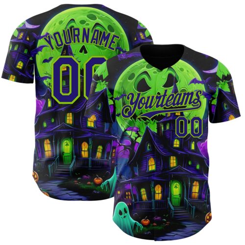 3DPattern9083 Custom Black Dark Purple-Neon Green 3D Halloween Spooky Pumpkin Bat Authentic Baseball Jersey
