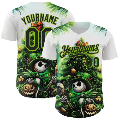 3DPattern9084 Custom White Black-Neon Green 3D Halloween Spooky Pumpkin Authentic Baseball Jersey