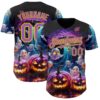 Custom Black Medium Purple-Yellow 3D Halloween Spooky Pumpkin Authentic Baseball Jersey