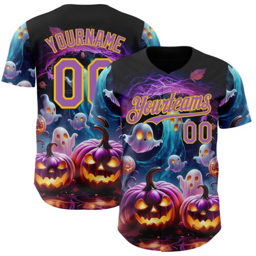 3DPattern9085 Custom Black Medium Purple-Yellow 3D Halloween Spooky Pumpkin Authentic Baseball Jersey