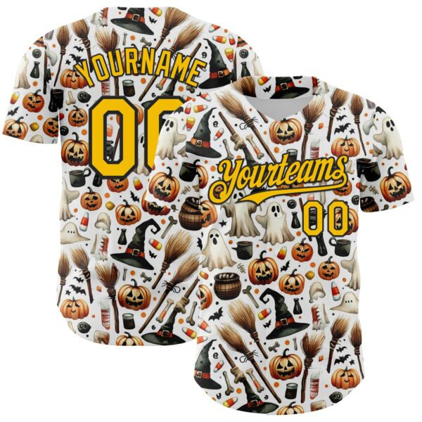 Custom White Yellow-Black 3D Halloween Spooky Pumpkin Authentic Baseball Jersey