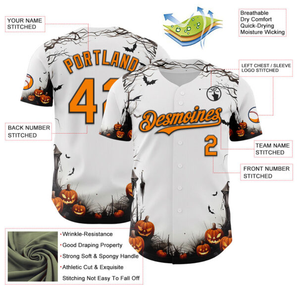 Custom White Bay Orange-Black 3D Halloween Spooky Pumpkin Authentic Baseball Jersey