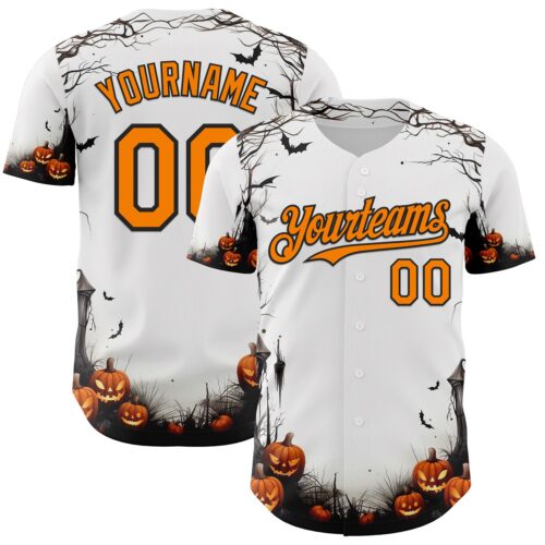 Custom White Bay Orange-Black 3D Halloween Spooky Pumpkin Authentic Baseball Jersey