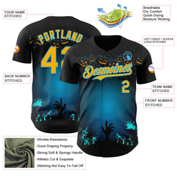 Custom Black Gold-Sky Blue 3D Halloween Spooky Pumpkin Zombies Authentic Baseball Jersey