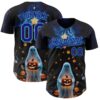 Custom Black Dark Purple-Sky Blue 3D Halloween Spooky Pumpkin Authentic Baseball Jersey