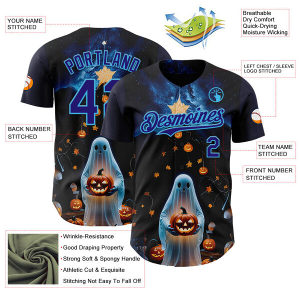 Custom Black Dark Purple-Sky Blue 3D Halloween Spooky Pumpkin Authentic Baseball Jersey