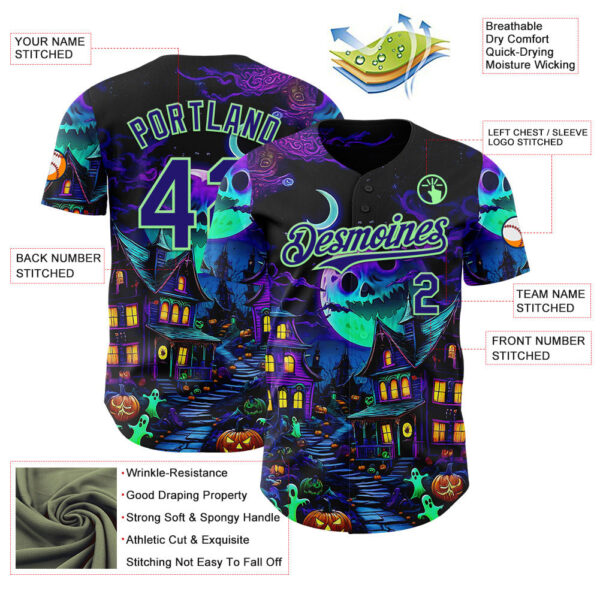 Custom Black Dark Purple-Pea Green 3D Halloween Spooky Pumpkin Authentic Baseball Jersey