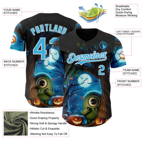 Custom Black Sky Blue-White 3D Halloween Spooky Pumpkin Authentic Baseball Jersey