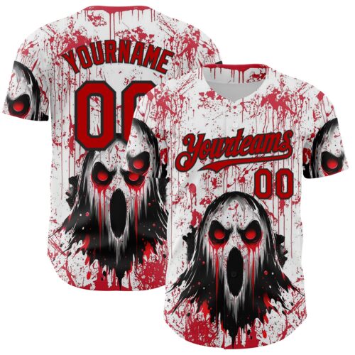 Custom White Red-Black 3D Halloween Creepy Blood Horror Authentic Baseball Jersey