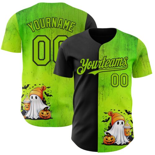 Custom Black Neon Green 3D Halloween Spooky Pumpkin Authentic Baseball Jersey