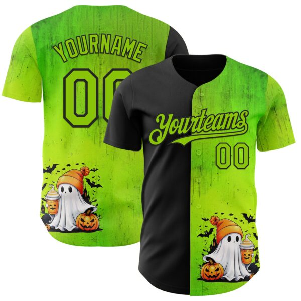 Custom Black Neon Green 3D Halloween Spooky Pumpkin Authentic Baseball Jersey