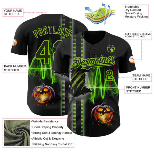 Custom Black Neon Green 3D Halloween Spooky Pumpkin Scratch Authentic Baseball Jersey