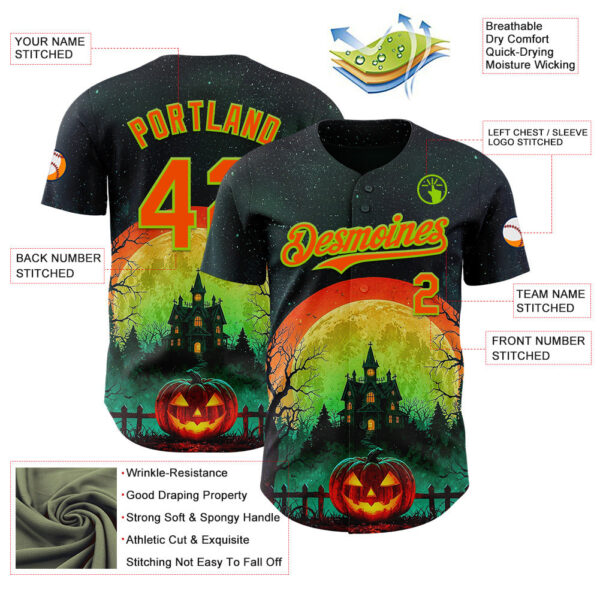 Custom Black Orange-Neon Green 3D Halloween Spooky Pumpkin Authentic Baseball Jersey