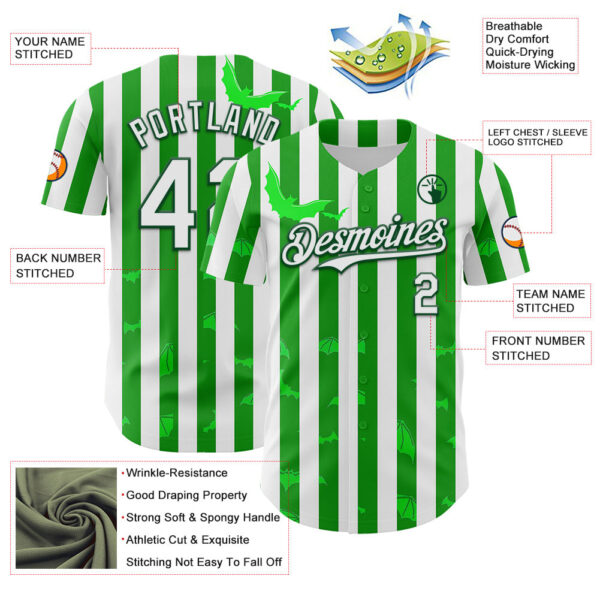 Custom White Green 3D Halloween Spooky Bat Stripe Authentic Baseball Jersey