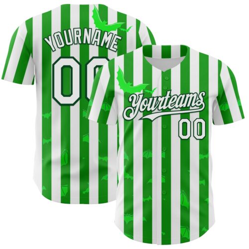 Custom White Green 3D Halloween Spooky Bat Stripe Authentic Baseball Jersey