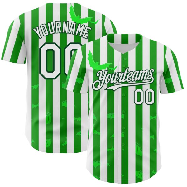 Custom White Green 3D Halloween Spooky Bat Stripe Authentic Baseball Jersey