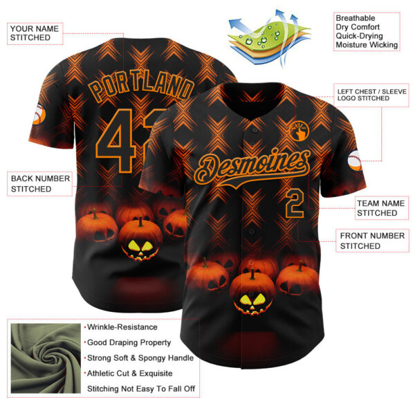 Custom Black Bay Orange 3D Halloween Spooky Pumpkin Stripe Authentic Baseball Jersey