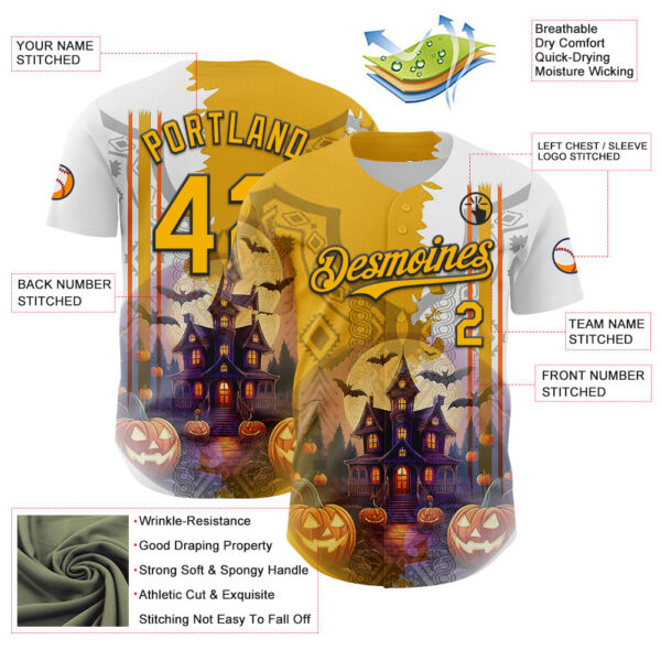 Custom White Yellow-Black 3D Halloween Spooky Pumpkin Authentic Baseball Jersey