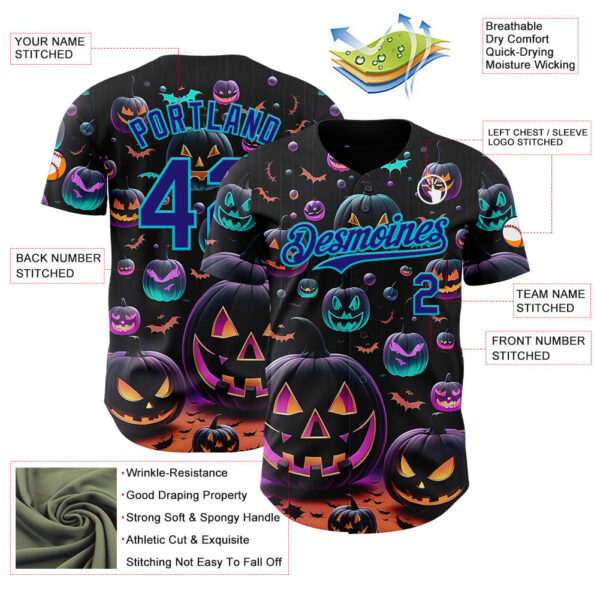 Custom Black Dark Purple-Lakes Blue 3D Halloween Spooky Pumpkin Authentic Baseball Jersey