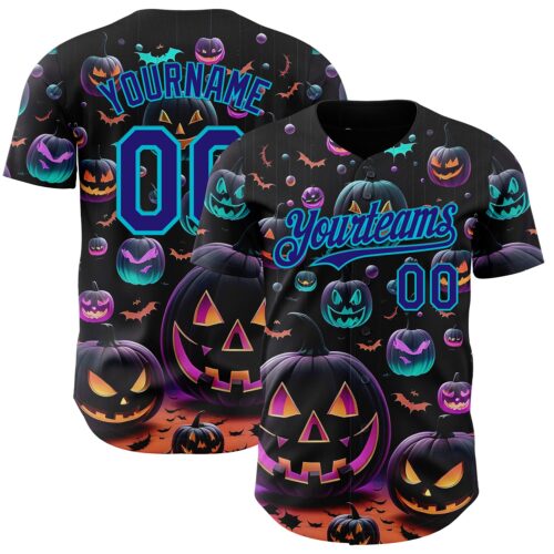 Custom Black Dark Purple-Lakes Blue 3D Halloween Spooky Pumpkin Authentic Baseball Jersey