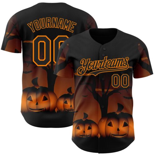 Custom Black Bay Orange 3D Halloween Spooky Pumpkin Authentic Baseball Jersey
