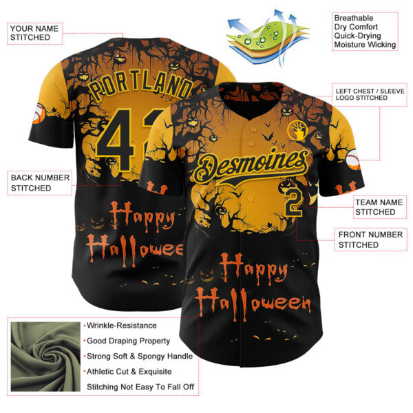 Custom Yellow Black 3D Halloween Spooky Pumpkin Authentic Baseball Jersey