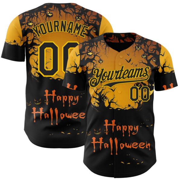 Custom Yellow Black 3D Halloween Spooky Pumpkin Authentic Baseball Jersey