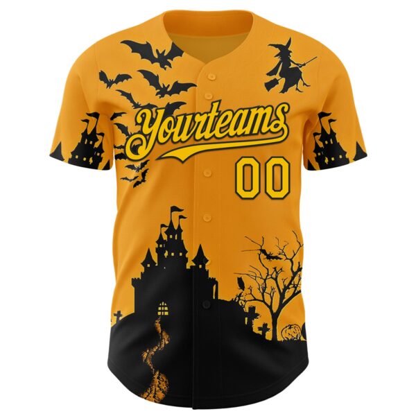 Custom Yellow Black 3D Halloween Spooky Pumpkin Bat Authentic Baseball Jersey