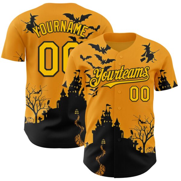 Custom Yellow Black 3D Halloween Spooky Pumpkin Bat Authentic Baseball Jersey