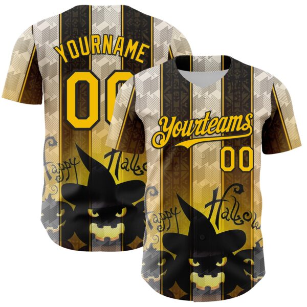 Custom Black Yellow-White 3D Halloween Spooky Pumpkin Stripe Authentic Baseball Jersey