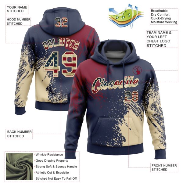 Custom Stitched Navy Vintage USA Flag Crimson-Cream 3D Pattern Design Abstract Brush Stroke Sports Pullover Sweatshirt Hoodie