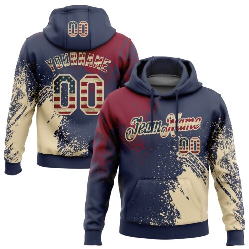 Custom Stitched Navy Vintage USA Flag Crimson-Cream 3D Pattern Design Abstract Brush Stroke Sports Pullover Sweatshirt Hoodie