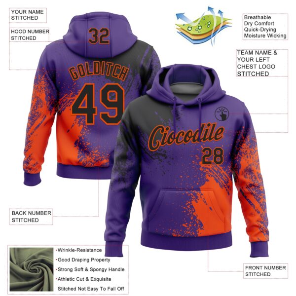 Custom Stitched Purple Black-Orange 3D Pattern Design Abstract Brush Stroke Sports Pullover Sweatshirt Hoodie