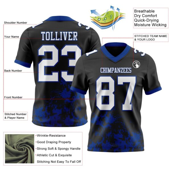 Custom Black White-Royal 3D Pattern Splash Authentic Football Jersey