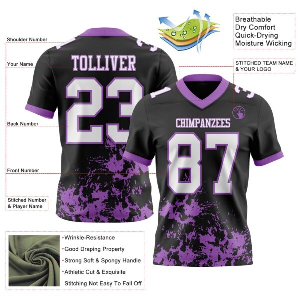 Custom Black White-Medium Purple 3D Pattern Splash Authentic Football Jersey