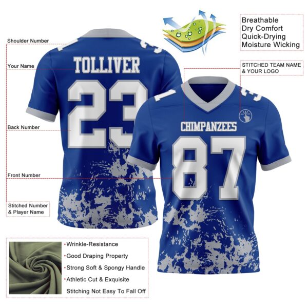 Custom Royal White-Gray 3D Pattern Splash Authentic Football Jersey