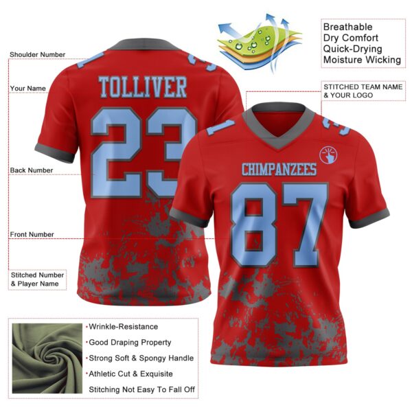 Custom Red Light Blue-Steel Gray 3D Pattern Splash Authentic Football Jersey