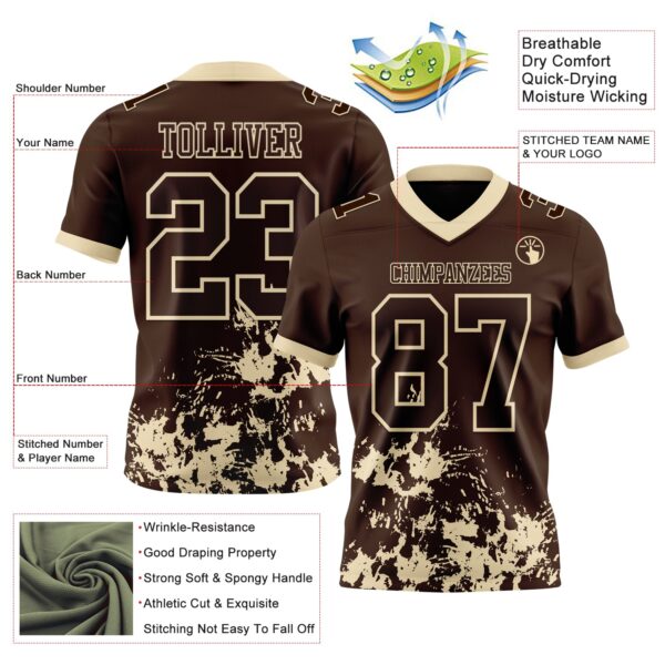 Custom Brown Cream 3D Pattern Splash Authentic Football Jersey