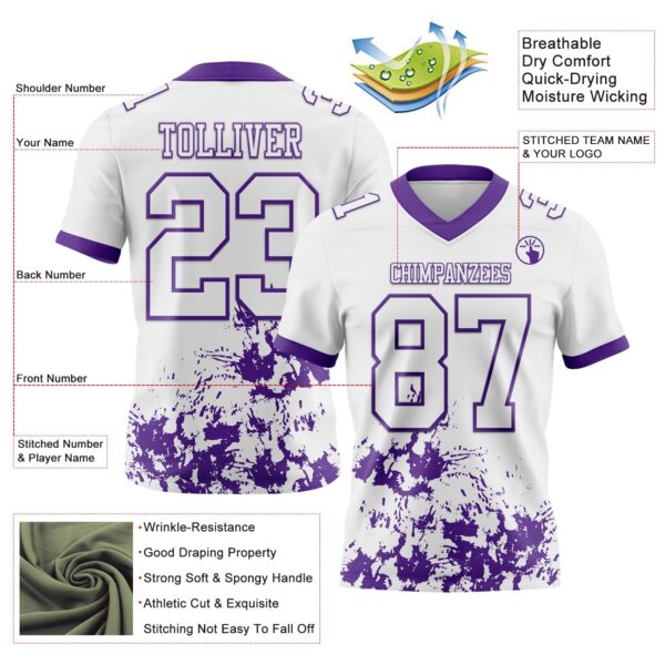 Custom White Purple 3D Pattern Splash Authentic Football Jersey