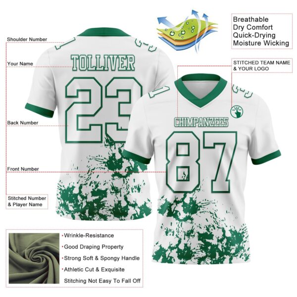 Custom White Kelly Green 3D Pattern Splash Authentic Football Jersey