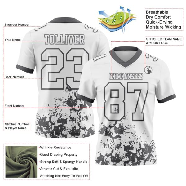 Custom White Steel Gray 3D Pattern Splash Authentic Football Jersey
