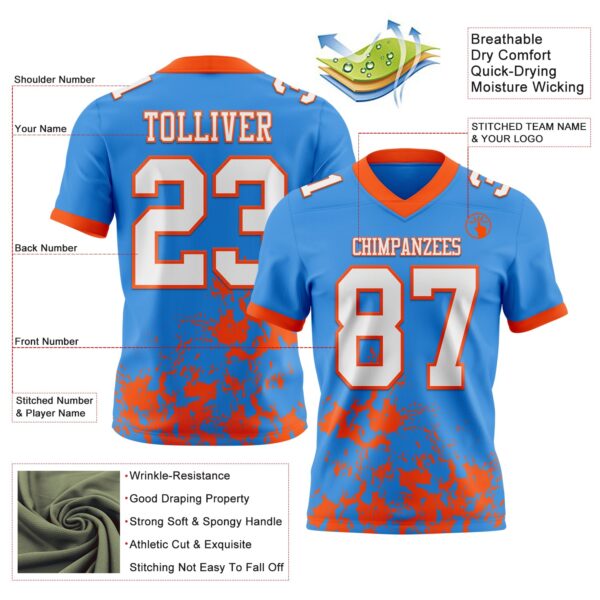 Custom Powder Blue White-Orange 3D Pattern Splash Authentic Football Jersey