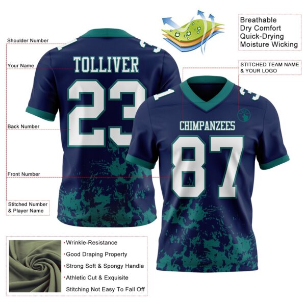 Custom Navy White-Teal 3D Pattern Splash Authentic Football Jersey