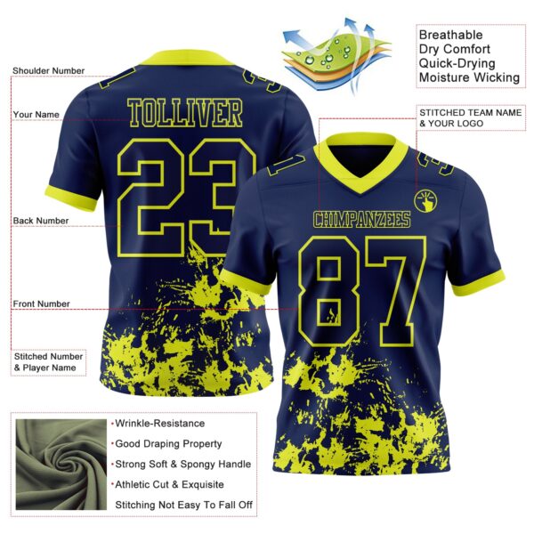Custom Navy Neon Yellow 3D Pattern Splash Authentic Football Jersey