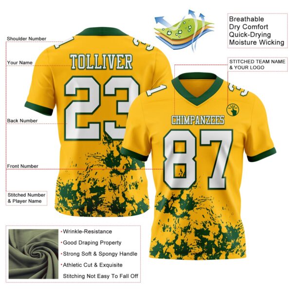 Custom Gold White-Green 3D Pattern Splash Authentic Football Jersey