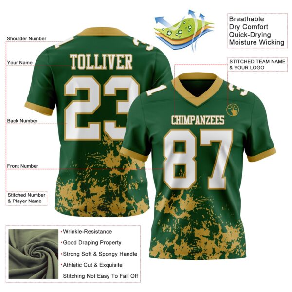 Custom Green White-Old Gold 3D Pattern Splash Authentic Football Jersey