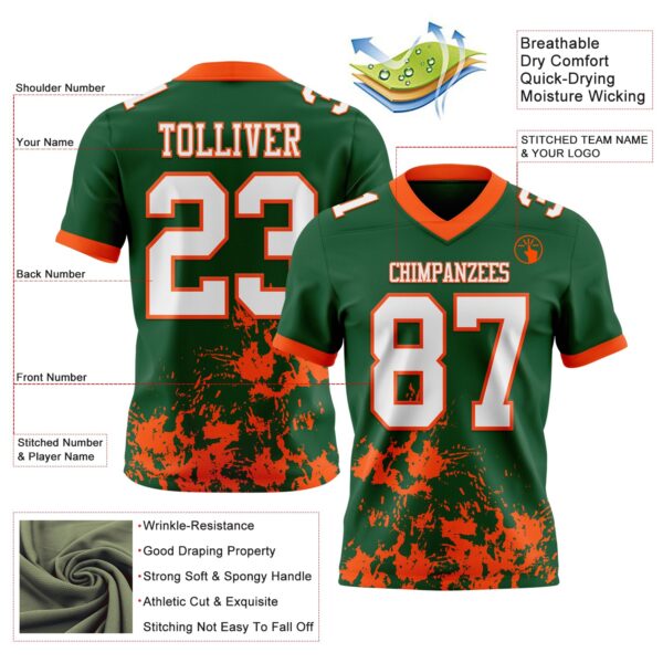 Custom Green White-Orange 3D Pattern Splash Authentic Football Jersey